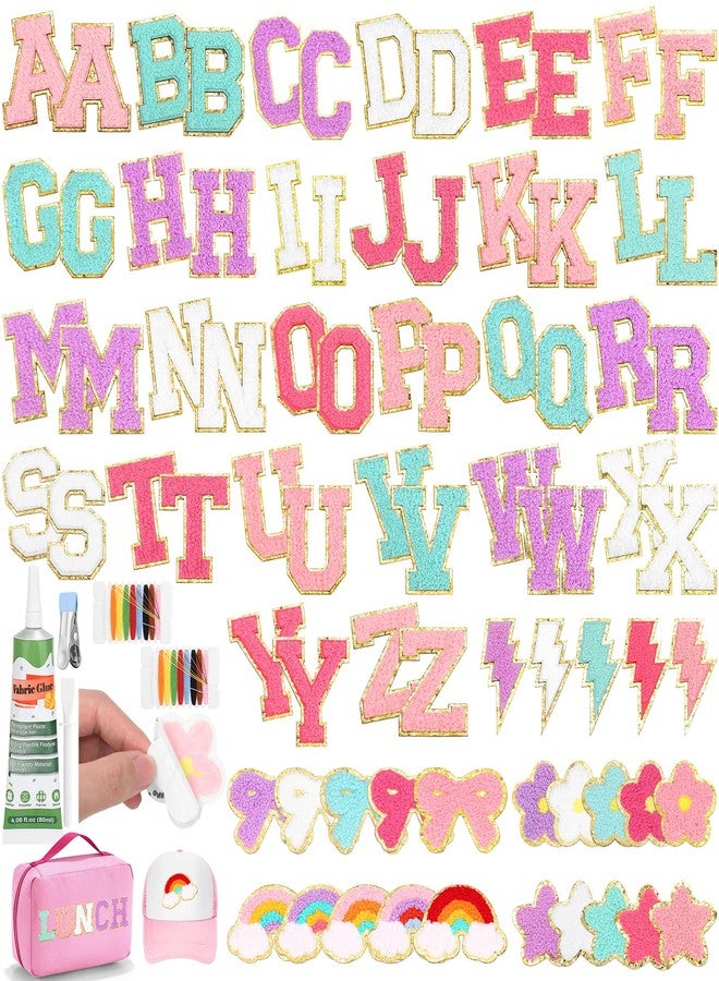 Jollidecor Preppy Chenille Patches Self Adhesive Embroidered for DIY Clothing,Include A-Z Chenille Letter Patches Stickers Rainbow Flower Lighting Bowknot Stick on Patches for Bags Backpacks Hats - Image 1