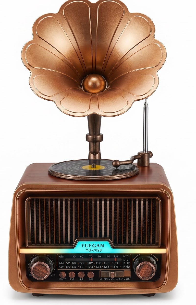 YUEGAN Retro Gramophone Style FM/AM/SW 3-Band Radio With Bluetooth Speaker & Rechargeable Battery Bronze/Wood 2000mAh YG-7020 - Image 1