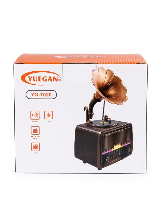 YUEGAN Retro Gramophone Style FM/AM/SW 3-Band Radio With Bluetooth Speaker & Rechargeable Battery Bronze/Wood 2000mAh YG-7020 - Image 4