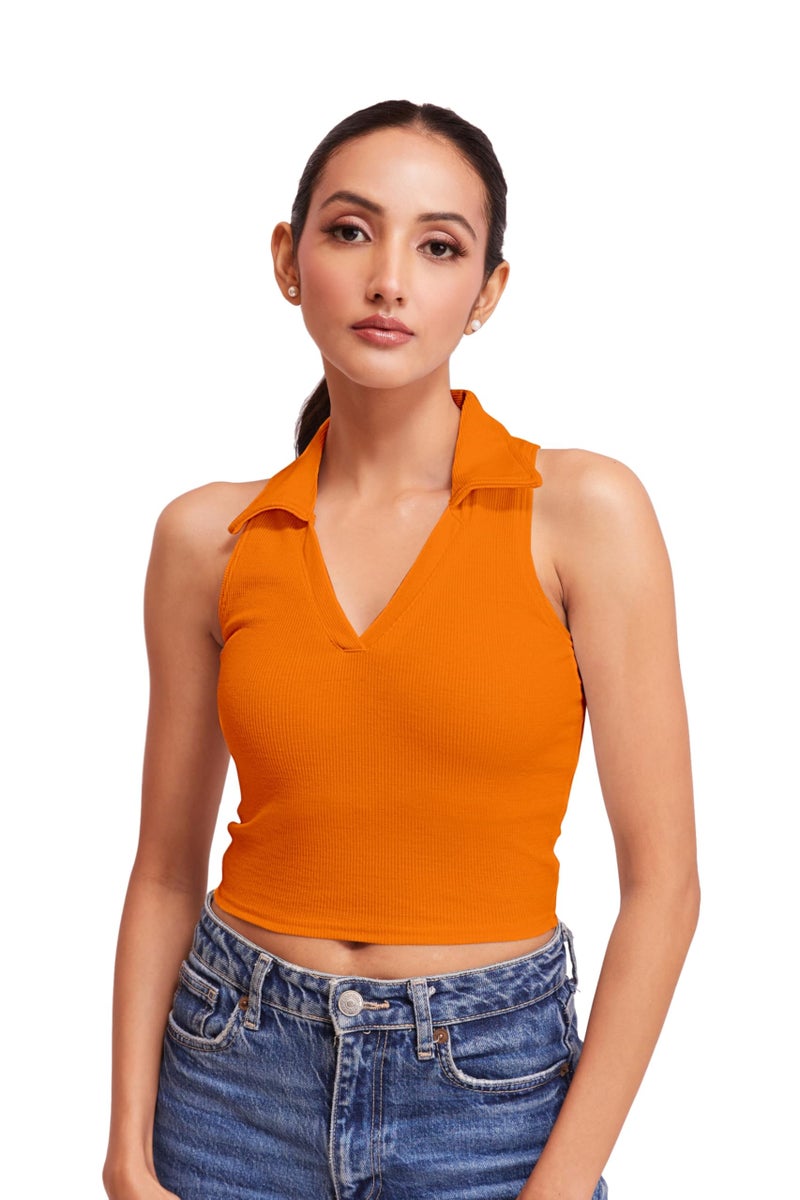 Berry&Bird Stylish Sleeveless V-Neck Slim Fit Collar Ribbed Knit Tank Crop Tops for Women & Girls Beach and Gym Wear and Western Trendy Fashion Orange - Image 1