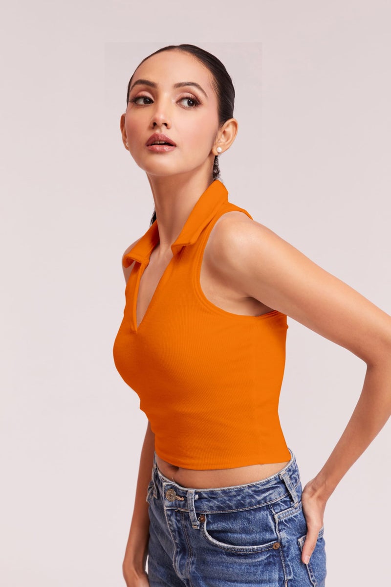 Berry&Bird Stylish Sleeveless V-Neck Slim Fit Collar Ribbed Knit Tank Crop Tops for Women & Girls Beach and Gym Wear and Western Trendy Fashion Orange - Image 3