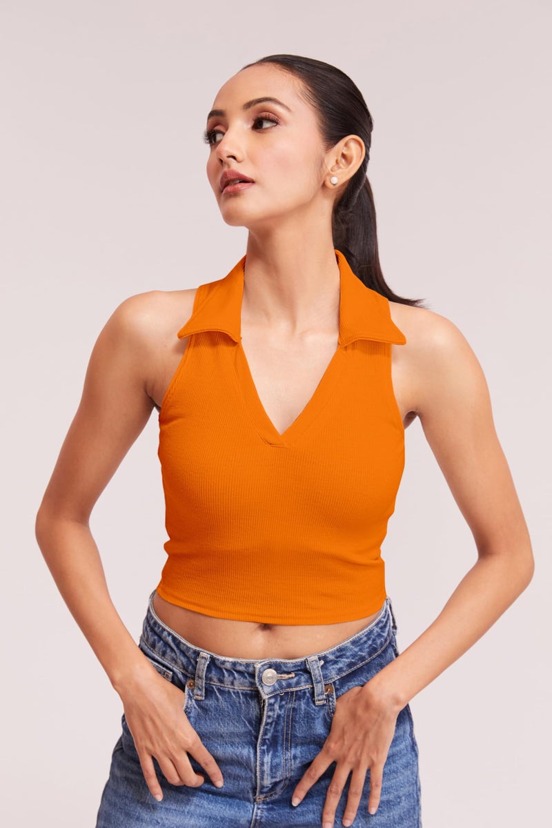Berry&Bird Stylish Sleeveless V-Neck Slim Fit Collar Ribbed Knit Tank Crop Tops for Women & Girls Beach and Gym Wear and Western Trendy Fashion Orange - Image 5
