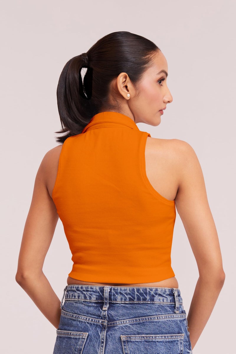 Berry&Bird Stylish Sleeveless V-Neck Slim Fit Collar Ribbed Knit Tank Crop Tops for Women & Girls Beach and Gym Wear and Western Trendy Fashion Orange - Image 2