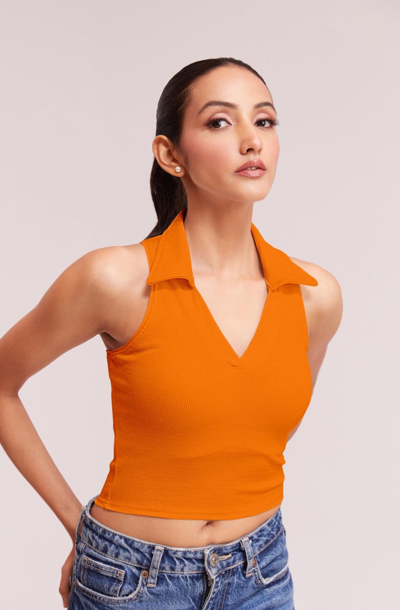 Berry&Bird Stylish Sleeveless V-Neck Slim Fit Collar Ribbed Knit Tank Crop Tops for Women & Girls Beach and Gym Wear and Western Trendy Fashion Orange - Image 4