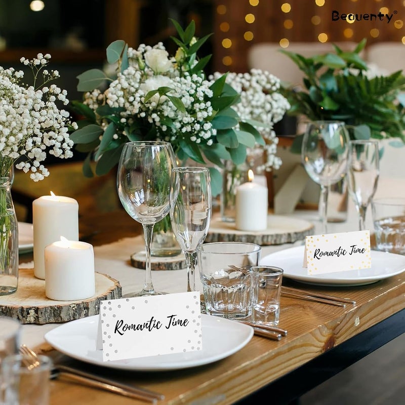 Beauenty 100Pcs Place Cards, 9 * 5CM Fillable Table Place Cards for Table Setting Wedding, Dinner Parties, Meeting (Sliver Dot) - Image 5