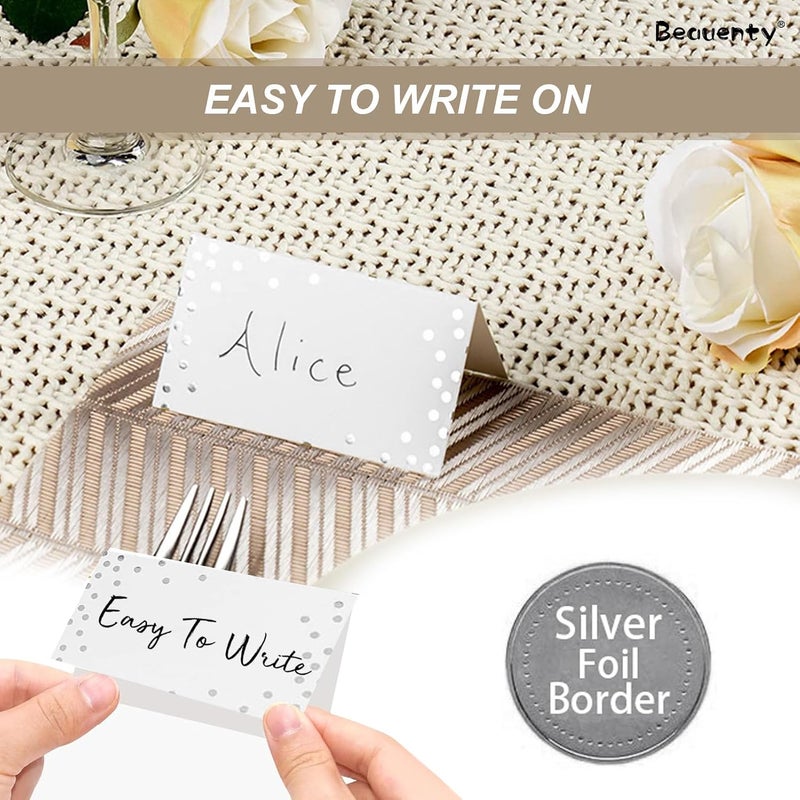 Beauenty 100Pcs Place Cards, 9 * 5CM Fillable Table Place Cards for Table Setting Wedding, Dinner Parties, Meeting (Sliver Dot) - Image 3
