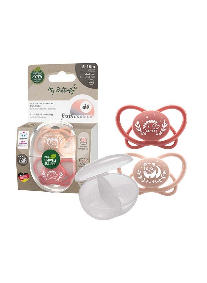 nip My Butterfly Soother With Sterilizer Box, Extra Flat Silicone Teat, Breastfeeding Friendly And Orthodontic, Pink, Size 2, Pack Of 2  - Image 1