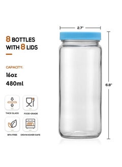 Aozita 8 Pack Glass Juicing Bottle Drinking Jars with 2 Straws & 2 Lids w Hole- 16 OZ Travel Water Cups with Colored Airtight Lids, Reusable Tall Mason Jar for Juice, Bubble Tea, Smoothie, Tea, Kombucha  - Image 2