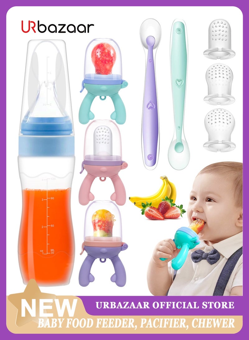 URbazaar Baby Fresh Fruit Food Feeder Nibbler Pacifier Teether (3 Pack) |Food Dispensing Spoon (1 Pack)| Food Grade Soft Safe BPA-Free Silicone Pouches (3 Extra)|Soft Spoons (2 Pack)  - Image 1