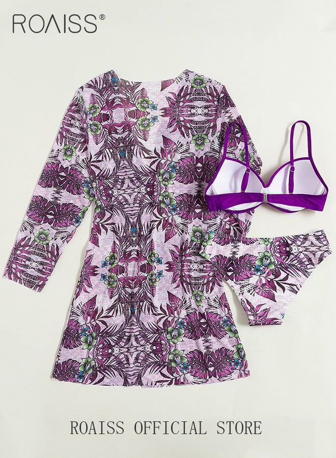 Women 3 Piece Swimwear Set Printed Cover Up & Solid Color Bikini Top & Printed Bikini Bottoms Quick Drying Fabric Moisture Wicking and Breathable Provides Coverage and Modesty without being Revealing