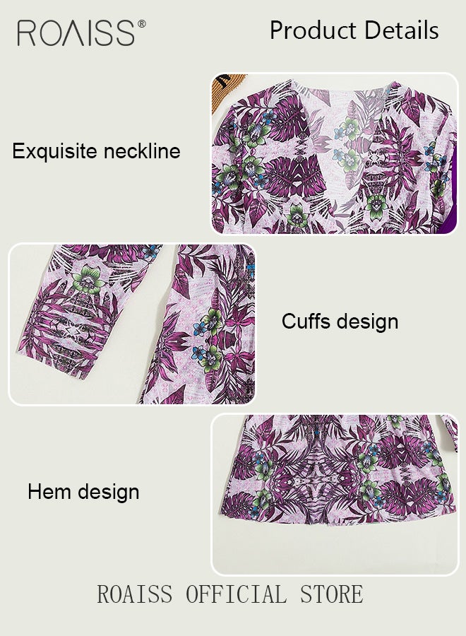 Women 3 Piece Swimwear Set Printed Cover Up & Solid Color Bikini Top & Printed Bikini Bottoms Quick Drying Fabric Moisture Wicking and Breathable Provides Coverage and Modesty without being Revealing