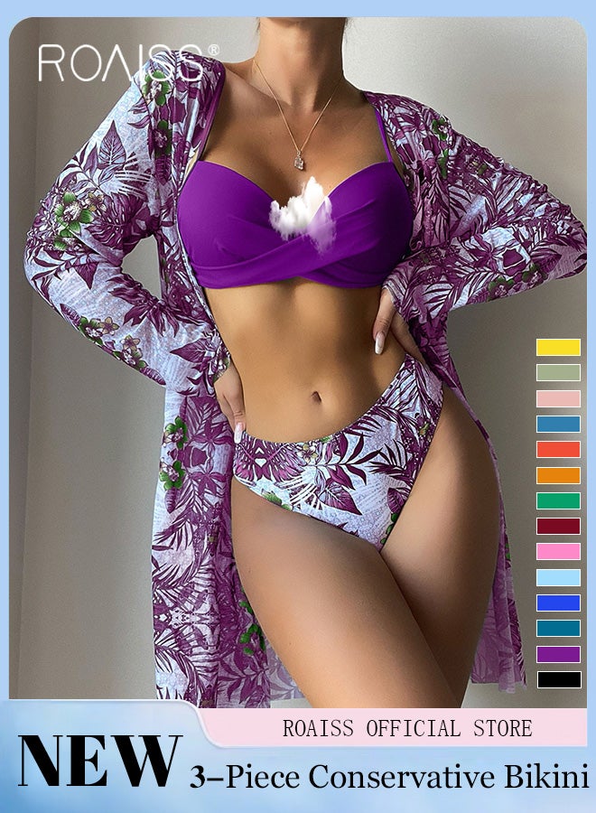 Women 3 Piece Swimwear Set Printed Cover Up & Solid Color Bikini Top & Printed Bikini Bottoms Quick Drying Fabric Moisture Wicking and Breathable Provides Coverage and Modesty without being Revealing