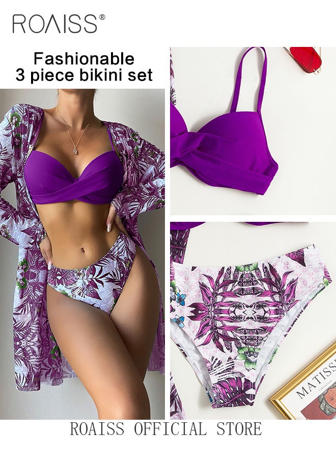 Women 3 Piece Swimwear Set Printed Cover Up & Solid Color Bikini Top & Printed Bikini Bottoms Quick Drying Fabric Moisture Wicking and Breathable Provides Coverage and Modesty without being Revealing