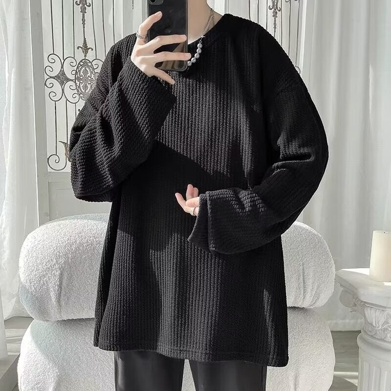 Thin Long-Sleeved T-Shirt Men'S Oversize Loose Plus Size Top Pure Black T-Shirt Base Shirt Top - Image 5