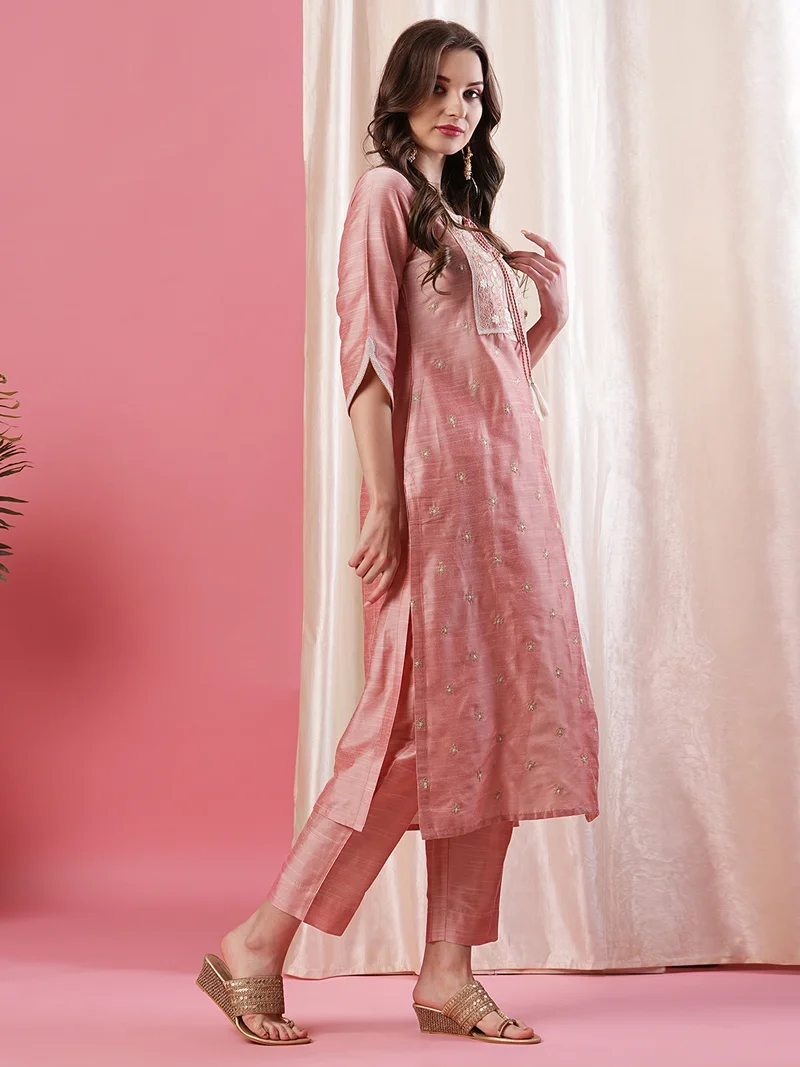 globus Women Pink Ethnic Motifs Embroidered Tie-Up Neck Kurta With Trousers