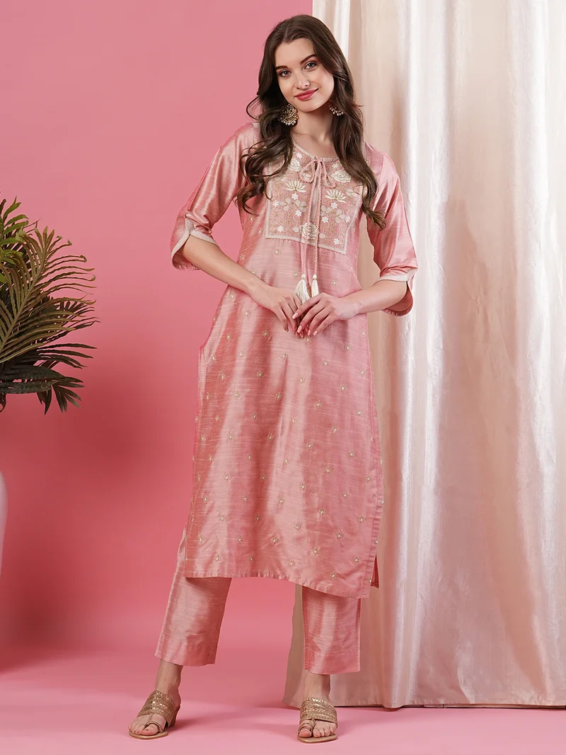 globus Women Pink Ethnic Motifs Embroidered Tie-Up Neck Kurta With Trousers