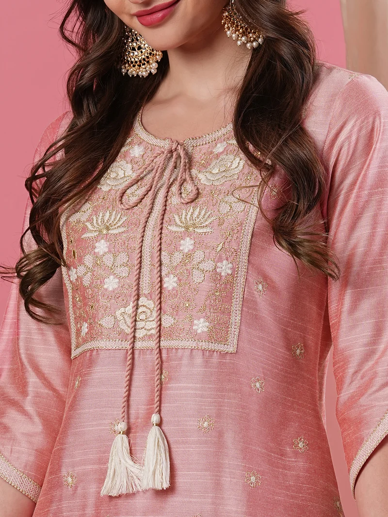 globus Women Pink Ethnic Motifs Embroidered Tie-Up Neck Kurta With Trousers