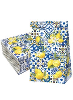Excefore Capri Lemon Print Party Favor Bags, 24 Pcs Kraft Paper Gift Bags, Blue Tiles Yellow Lemon Goodie Candy Bags Kraft Treat Paper Bags with Stickers, for Birthday, Wedding, Party Supplies  - Image 1