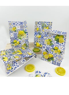 Excefore Capri Lemon Print Party Favor Bags, 24 Pcs Kraft Paper Gift Bags, Blue Tiles Yellow Lemon Goodie Candy Bags Kraft Treat Paper Bags with Stickers, for Birthday, Wedding, Party Supplies  - Image 3
