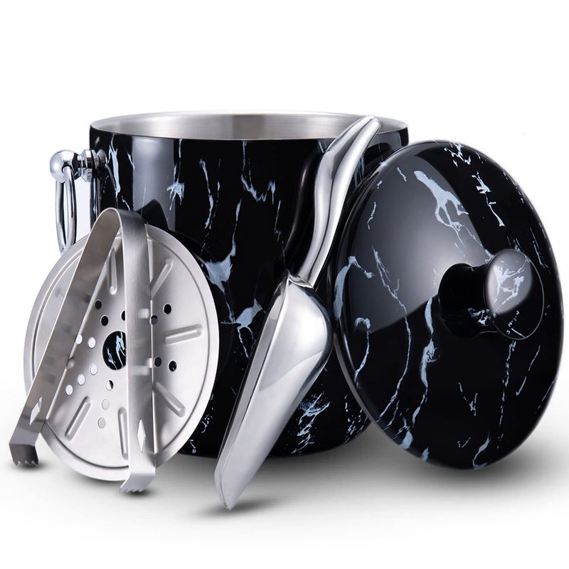 WENEGG Ice Bucket with Lid, Scoop, Tongs and Strainer - Well Made Insulated Stainless Steel Keep Ice Frozen Longer - Ideal for Cocktail Bar, Parties, Chilling Wine, Champagne - 3 Liter (Black Marble) - Image 1