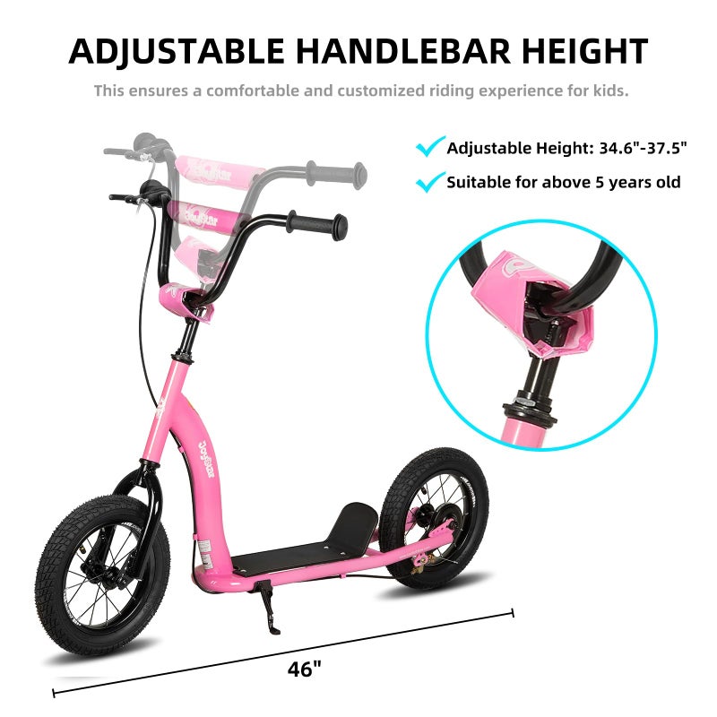 JOYSTAR Kick Scooter for Kids 5+ Teens & Youth, Lightweight Kids Scooter with Adjustable Handlebar, 2 Wheel Scooter for Boys & Girls, 12" Inflatable Wheels Rear Drum Brakes, Pink - Image 3