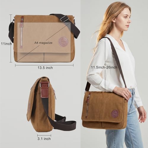 Mactso Vintage Canvas Messenger Bag for Men Women, 13.5 Inch Laptop Satchel Shoulder Bag with Multiple Pockets, Crossbody Bag for Work Travel College (Coffee-01) - Image 2