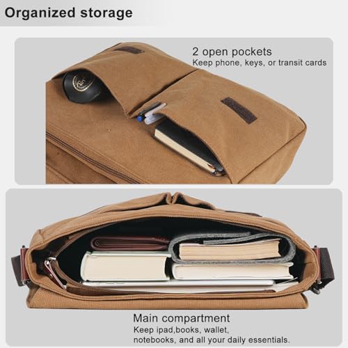 Mactso Vintage Canvas Messenger Bag for Men Women, 13.5 Inch Laptop Satchel Shoulder Bag with Multiple Pockets, Crossbody Bag for Work Travel College (Coffee-01) - Image 4