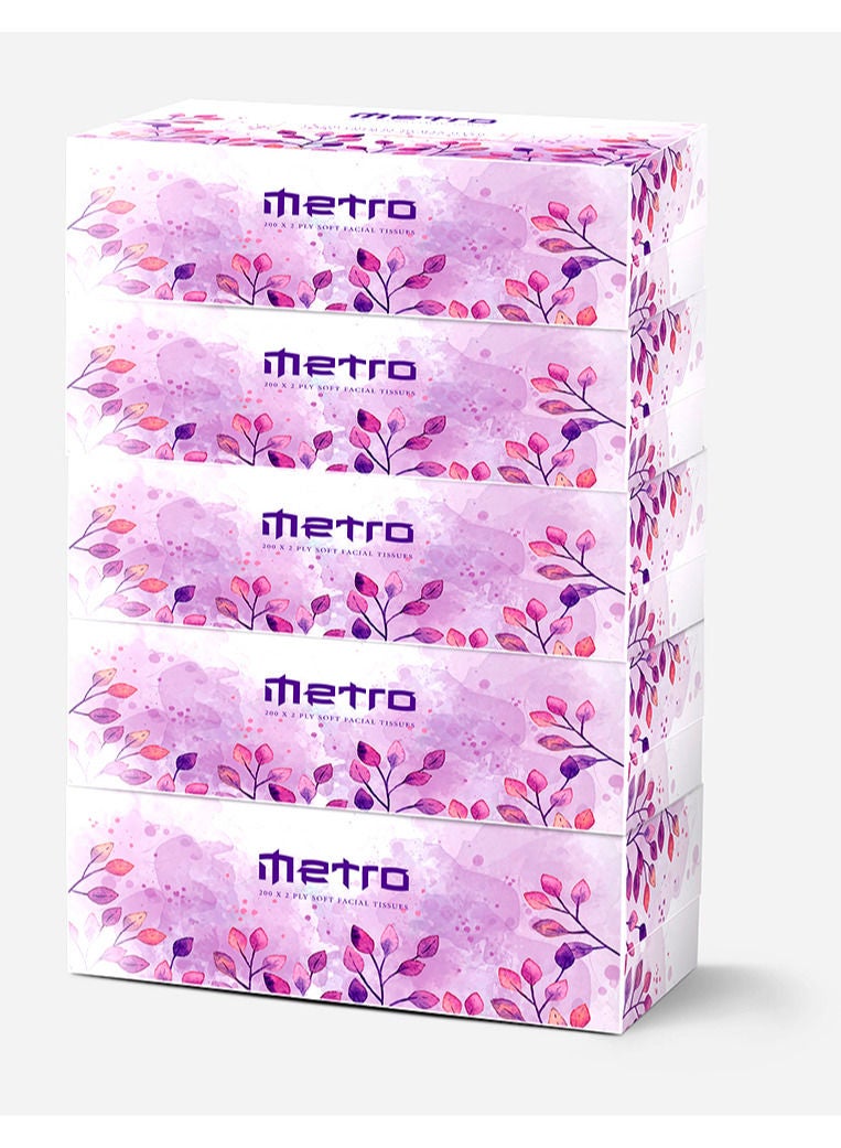 Metro Soft Facial Tissue 200 Sheets 2 Ply-Pack of 5 Boxes - Image 1