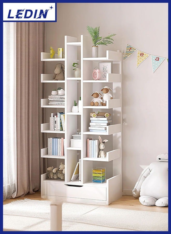 LEDIN Bookcases Floor Standing Tree-Shaped Bookcase Free Standing Open Book Shelves 18 Tier Display Storage Shelves Bookshelves Wood Storage Shelf Organizer Shelves White (White, 50 * 18 * 169cm) - Image 1