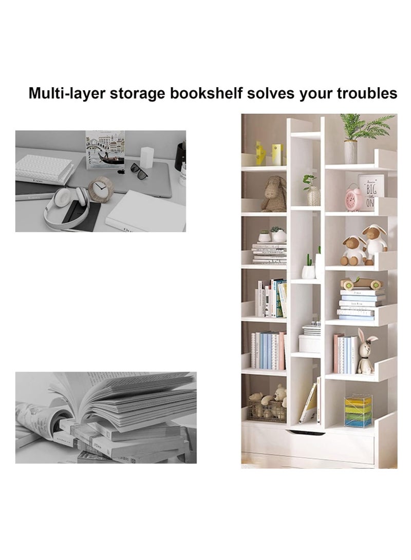 LEDIN Bookcases Floor Standing Tree-Shaped Bookcase Free Standing Open Book Shelves 18 Tier Display Storage Shelves Bookshelves Wood Storage Shelf Organizer Shelves White (White, 50 * 18 * 169cm) - Image 5