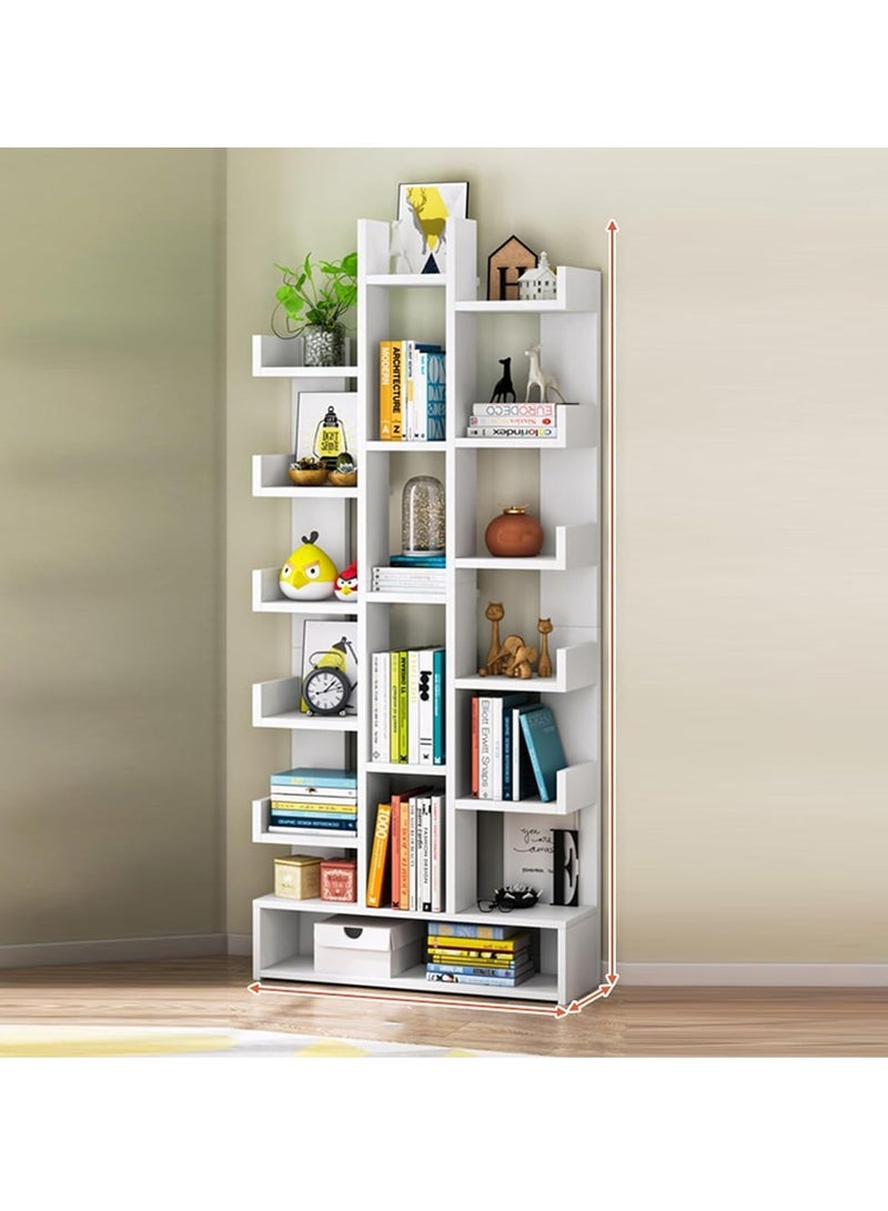 LEDIN Bookcases Floor Standing Tree-Shaped Bookcase Free Standing Open Book Shelves 18 Tier Display Storage Shelves Bookshelves Wood Storage Shelf Organizer Shelves White (White, 50 * 18 * 169cm) - Image 3