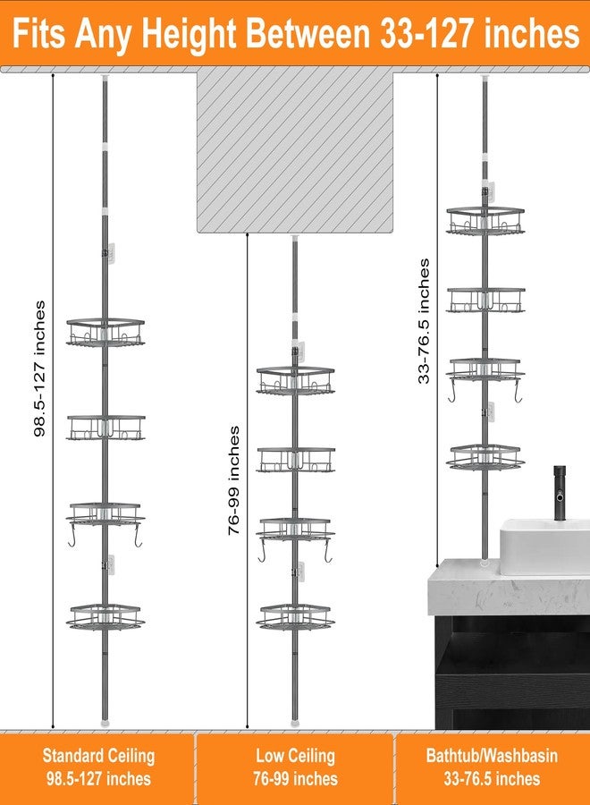 DUFU Corner Shower Caddy Tension Pole, Tension Rod Organizer, 4-Tier Adjustable Floor to Ceiling Shower Caddy 33-127inch, No Drilling Shower Shelf for Inside Shower (Gray) - Image 4