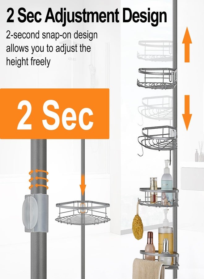 DUFU Corner Shower Caddy Tension Pole, Tension Rod Organizer, 4-Tier Adjustable Floor to Ceiling Shower Caddy 33-127inch, No Drilling Shower Shelf for Inside Shower (Gray) - Image 3