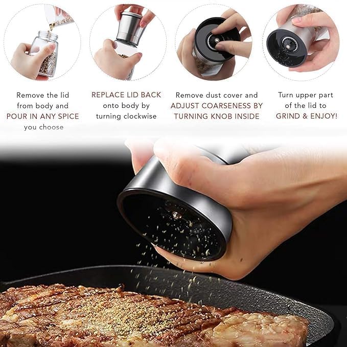 BuntyChiku Stainless Steel Glass Salt and Pepper Grinders refillable Set of 2Adjustable Coarseness for sea Salt Black PeppercornSuitable for Kitchen Barbecue Restaurant AccessoriesSpices - Image 4