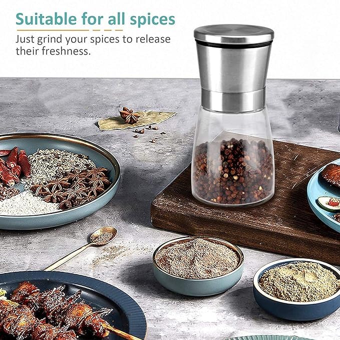 BuntyChiku Stainless Steel Glass Salt and Pepper Grinders refillable Set of 2Adjustable Coarseness for sea Salt Black PeppercornSuitable for Kitchen Barbecue Restaurant AccessoriesSpices - Image 5