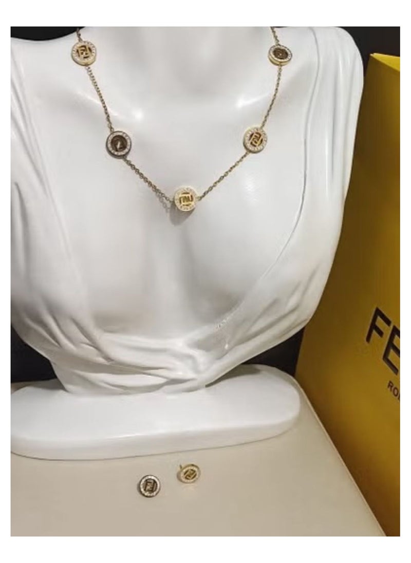 FN - Gold necklace and earring set with accessories and warranty card - Image 1