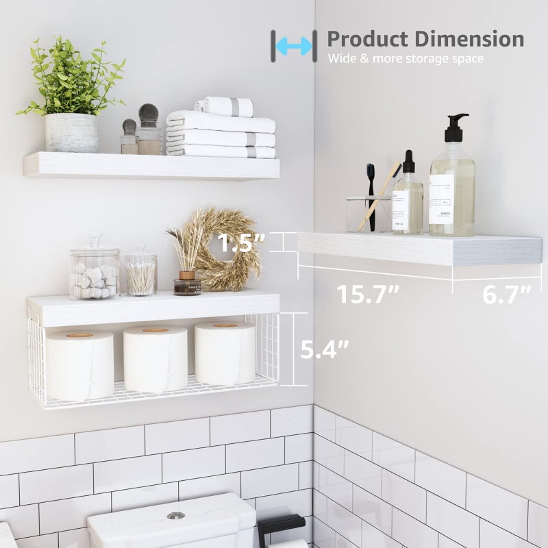 QEEIG Bathroom Shelves Over Toilet - Wall Mounted Floating Shelves Toilet Paper Storage Small Farmhouse Decor Shelf 16 inch Set of 3, White (019-W3) - Image 3