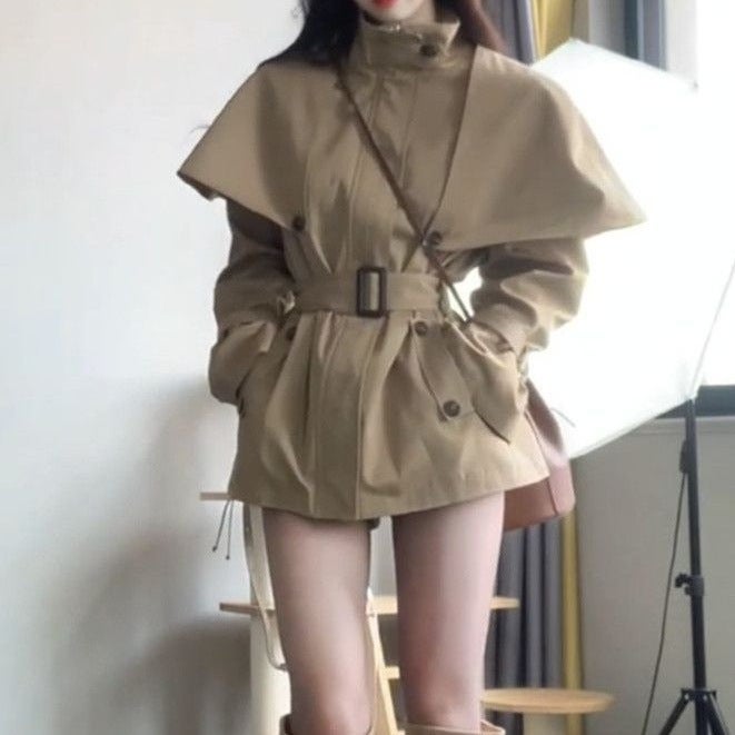 British-style khaki stand-collar trench coat coat high-end temperament design two-wear mid-length waist slim coat Khaki 