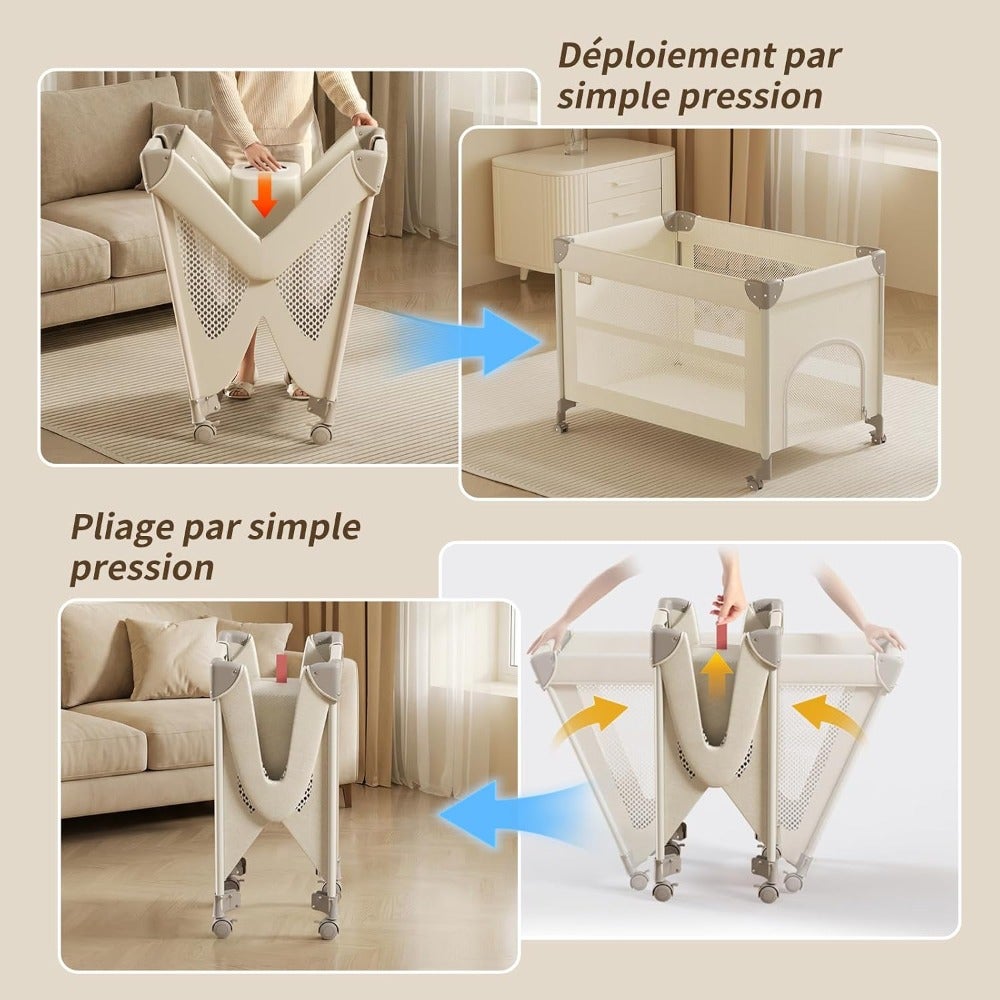 Multi-Functional Baby Crib with Canopy, Mosquito Net, Diaper Changing Table, Storage Basket and Mobile Toy Bar on Wheels