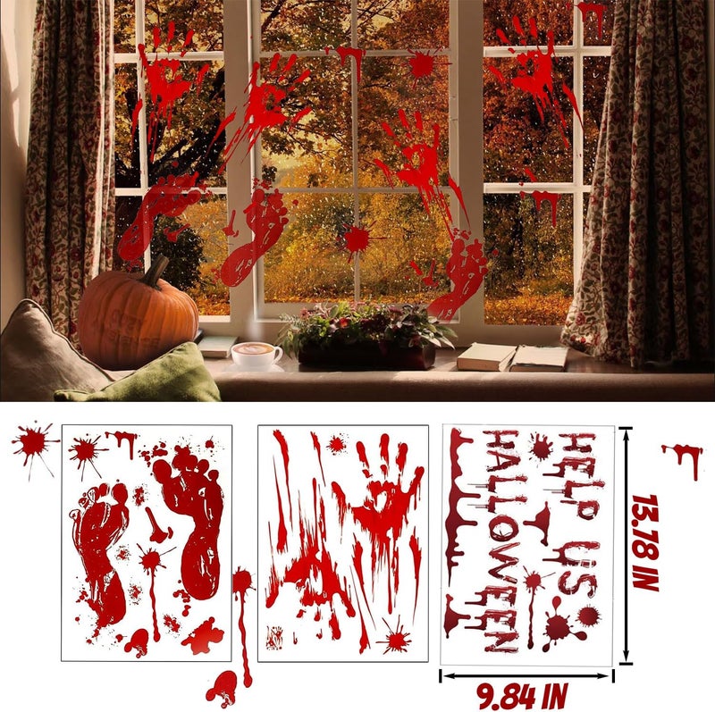 WOONOO 188PCS Halloween Decorations Window Clings, 9 Sheets Bloody Handprint Footprint Halloween Wall Decal Floor Clings with Tattoo Stickers, Scary Halloween Window Decorations - Image 3