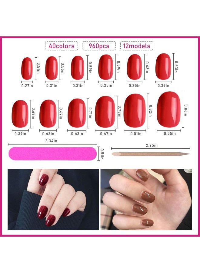 EBANKU 960pcs Short Colorful False Nails for Women Oval Press on Nails Glossy Acrylic Full Cover Artificial Fake Nail Tips with Nail File Nail Stick - Image 2
