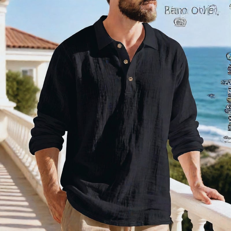 Linen Shirt Stand Collar Button Down Men Loose Casual Breathable V-Neck Henley Long Sleeve Polo Shirt - Image 1