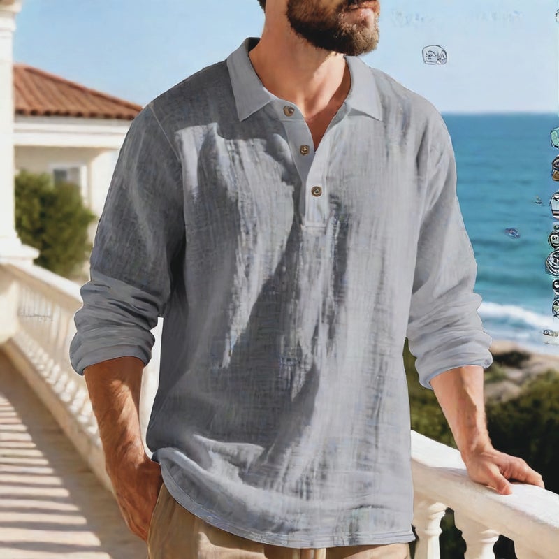 Linen Shirt Stand Collar Button Down Men Loose Casual Breathable V-Neck Henley Long Sleeve Polo Shirt - Image 2