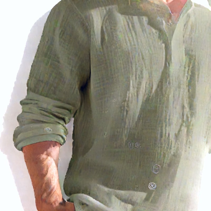 Linen Shirt Stand Collar Button Down Men Loose Casual Breathable V-Neck Henley Long Sleeve Polo Shirt - Image 3
