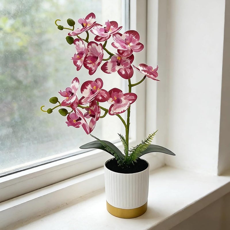 Artificial Phalaenopsis Orchid in Striped Ceramic Planter, Real Touch Fake Flowers, Silk Plant for Home Decor - Image 3