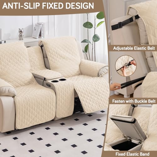 HOKIPO Quilted Water Repellent 2 Seater Recliner Sofa Cover Mat with Console | Quilted Non-Slip Recliner Sofa 2 Seater Cover Mat for Living Room - Teal Blue (AR-5762-TLBL) - Image 5