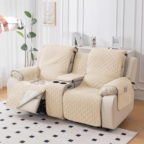 HOKIPO Quilted Water Repellent 2 Seater Recliner Sofa Cover Mat with Console | Quilted Non-Slip Recliner Sofa 2 Seater Cover Mat for Living Room - Teal Blue (AR-5762-TLBL) - Image 1