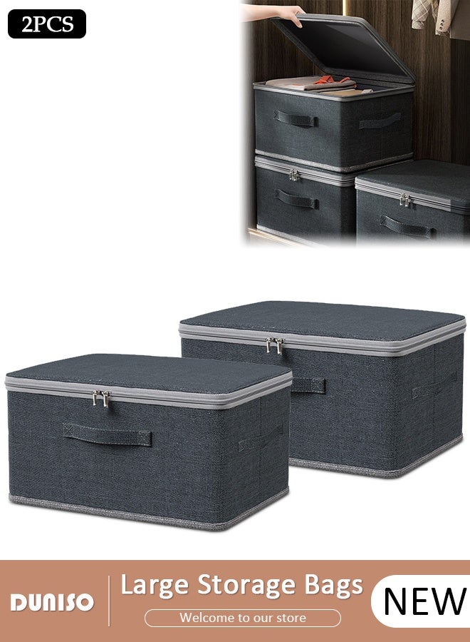 DUNISO 2PCS Foldable Storage Organizer Bag Clothes Storage Bins with Zip Lid Large Portable Storage Bags with Durable Handles Thick Fabric Storage Box for Blanket Comforter Clothing Bedding - Image 1