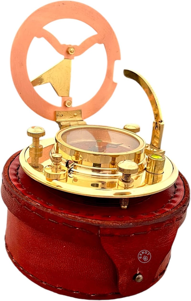EXNOT Brass Sundial Compass with Copper Dial in Leather Box, Vintage Compass Copper Sundial Gift Sun Clock Ship Replica Watch. - Image 4