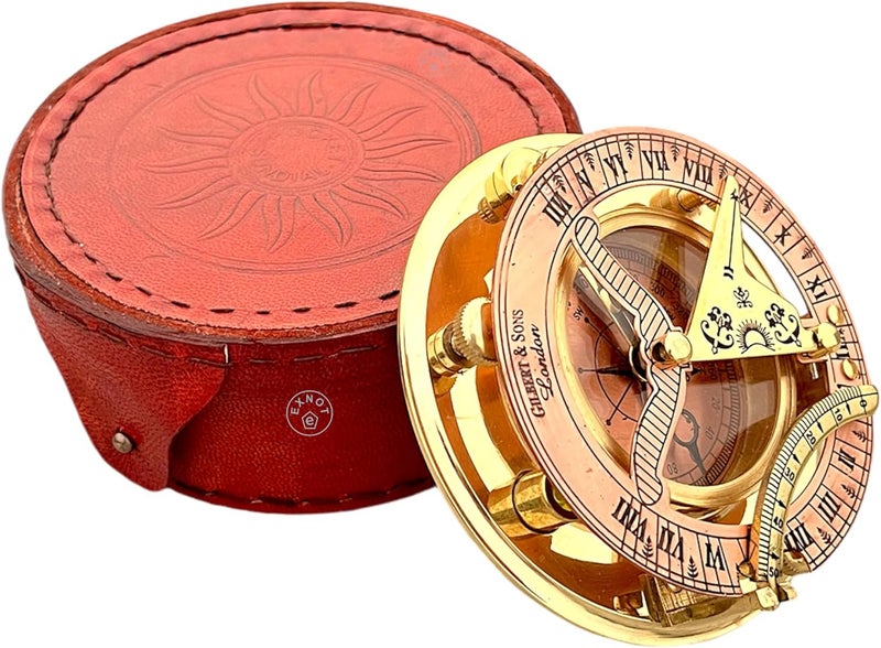 EXNOT Brass Sundial Compass with Copper Dial in Leather Box, Vintage Compass Copper Sundial Gift Sun Clock Ship Replica Watch. - Image 3